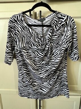 BOLD elements Black and White Zebra Print Asymmetrical Draped Neck Top